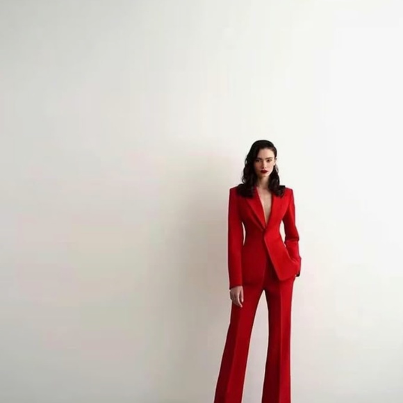 Red Tailored Women's Pantsuit - Classic Long-Leg Blazer & Trousers - Picture 5 of 5